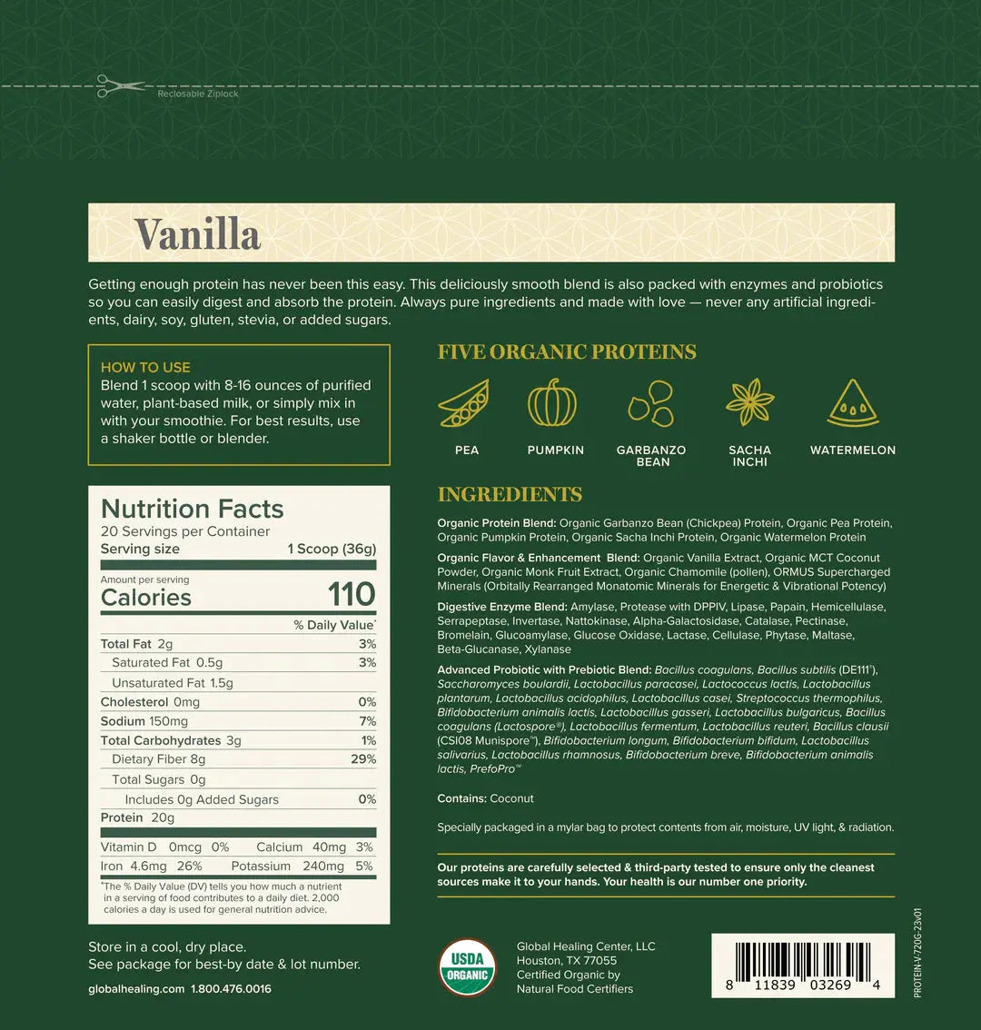 Global Healing Organic Vegan Protein (Vanilla) | Plant-Based Protein Powder David Wolfe Australia